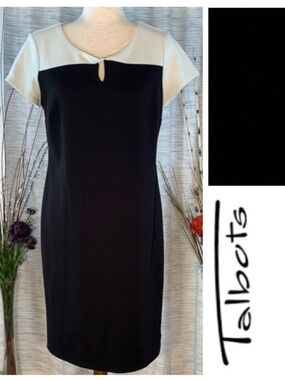 Talbots black and winter white cap sleeve shift dress.